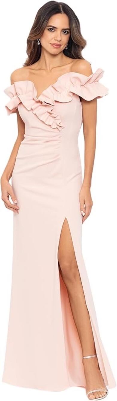 Xscape Blush Pink Long Stretch Scuba Crepe Ruffled Ruched Slit Formal Dress 14